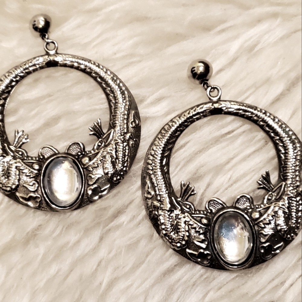 Vintage - Large Silver - Dragon Hoop Stud Earrings
